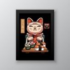 Quadro Decorativo Sushi cat 45x34cm Moldura:madeira Branca