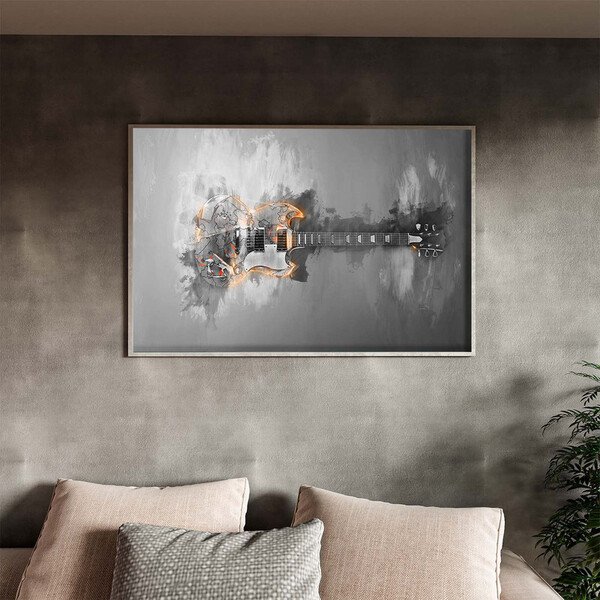 Quadro Decorativo Tela Canvas Conceito Fire Guitar Com Moldur