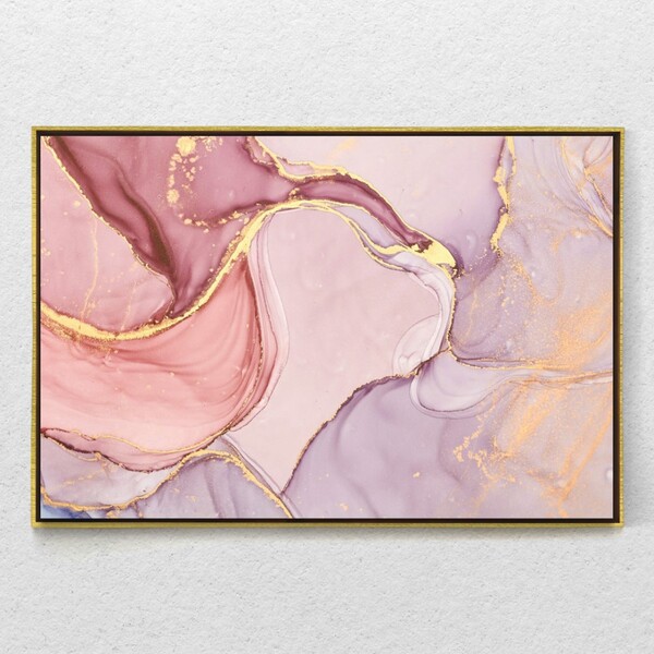 Quadro Decorativo Tela Horizontal Abstrato Rosa Com Moldura E