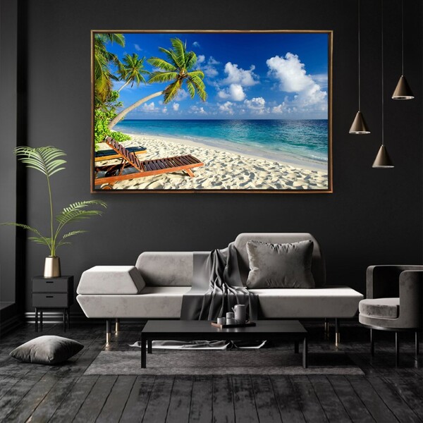 Quadro Decorativo Tela Horizontal Coconut Beach Com Moldura E
