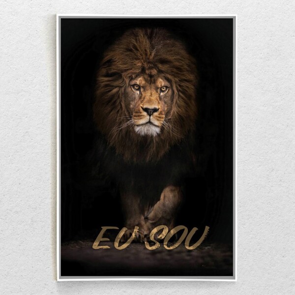 Quadro Decorativo Tela Vertical Leão Eu Sou Com Moldura E Sem