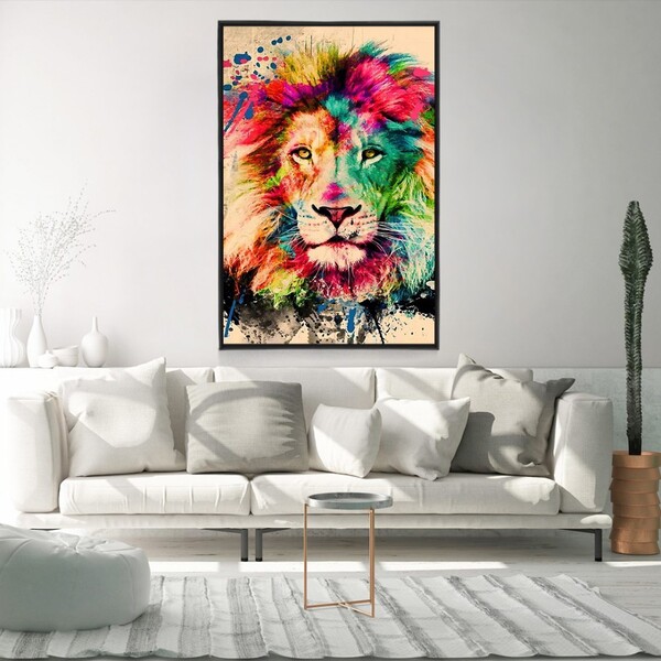 Quadro Decorativo Tela Vertical Lion Aquarela Com Moldura E S