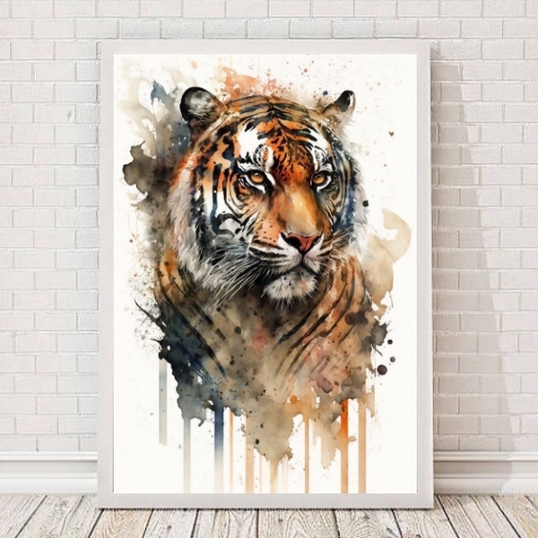 Quadro Decorativo Tigre Aquarela 45x34cm Moldura:madeira Preta