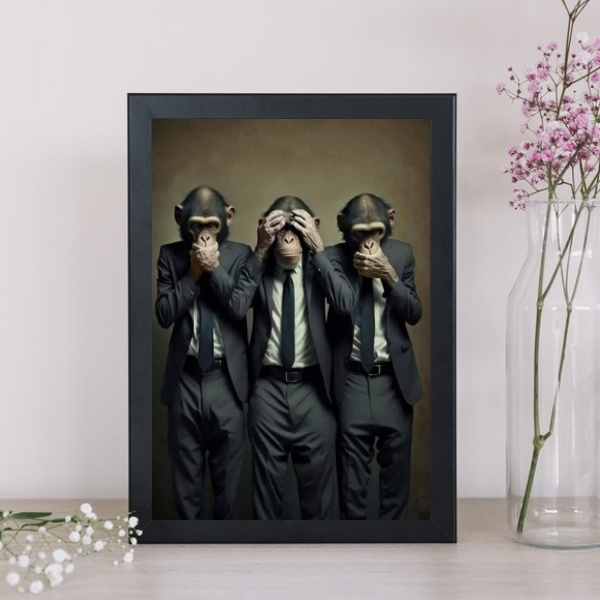 Quadro Decorativo Trio Macacos 45x34cm - Com Vidro Moldura Br