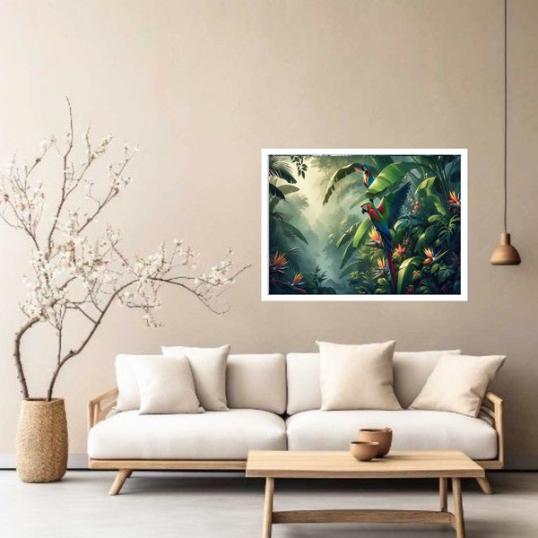 Quadro Decorativo Tropical Araras  - 50x70cm Moldura Branca