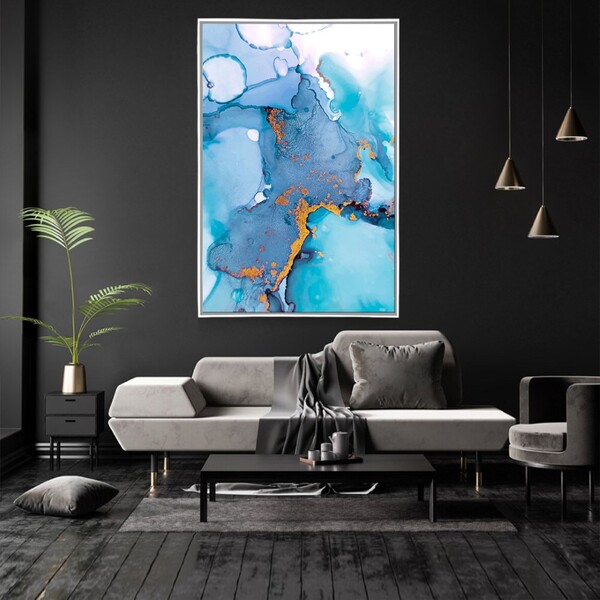 Quadro Decorativo Turquesa E Dourado Vertical Com Moldura E S