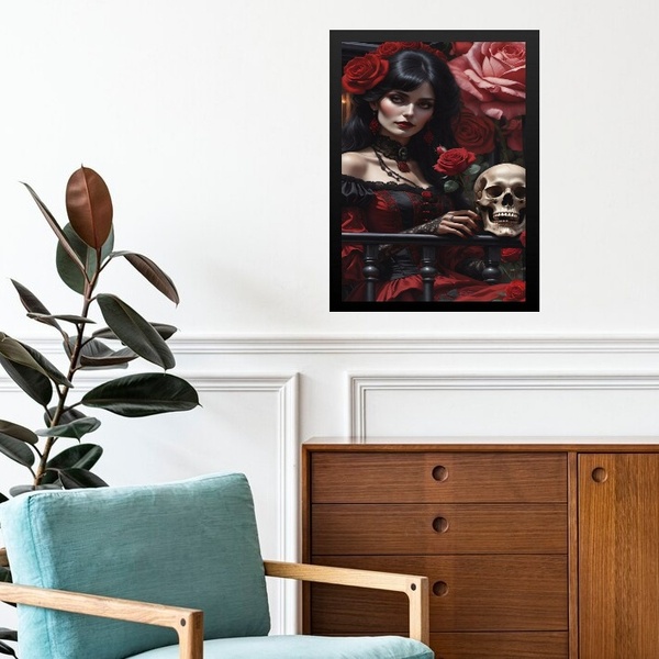 Quadro Decorativo Umbanda Rosa Caveira 24x18cm Moldura Preta