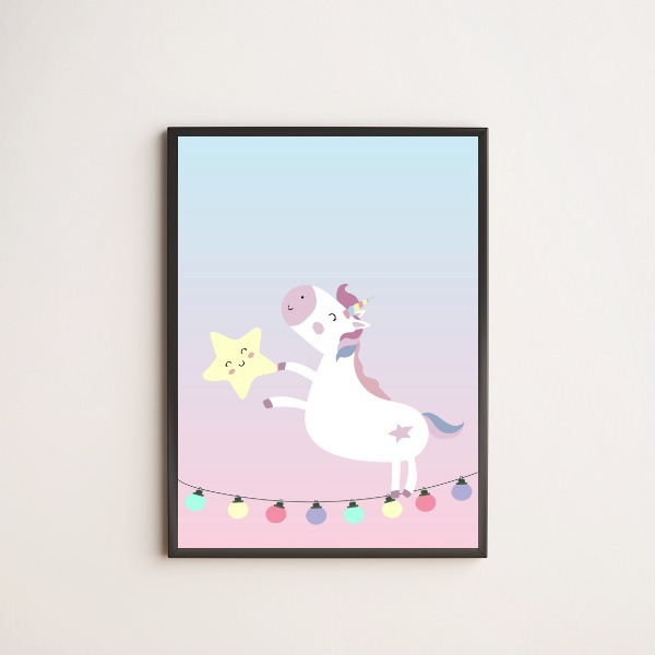 Quadro Decorativo Unicórnio Com Estrelinha 24x18cm - Com Vidr