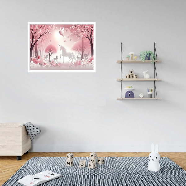 Quadro Decorativo Unicórnio Floresta Rosa  - 50x70cm Moldura