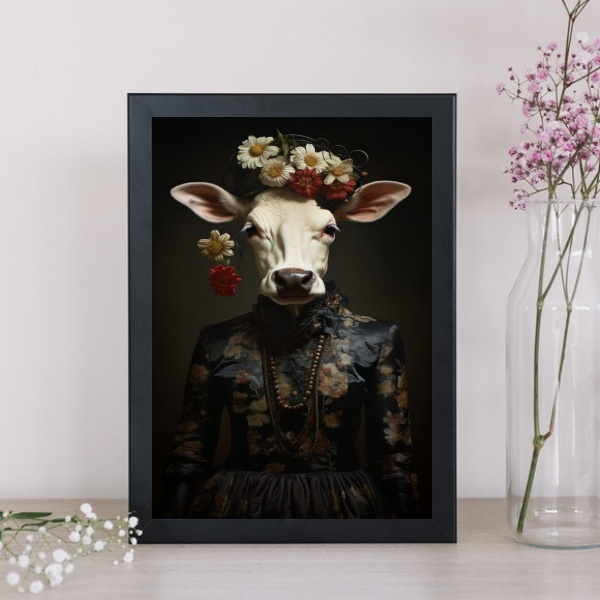 Quadro Decorativo Vaca Elegante 24x18cm - Com Vidro Moldura P
