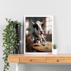 Quadro Decorativo Vaca Tomando Café 33x24cm - Com Vidro Moldu
