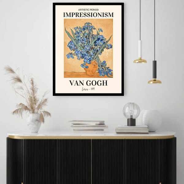 Quadro Decorativo Van Gogh Lilises  - 70x50cm Moldura Preta