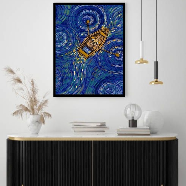 Quadro Decorativo Van Gogh Remando Noite  - 70x50cm Moldura P