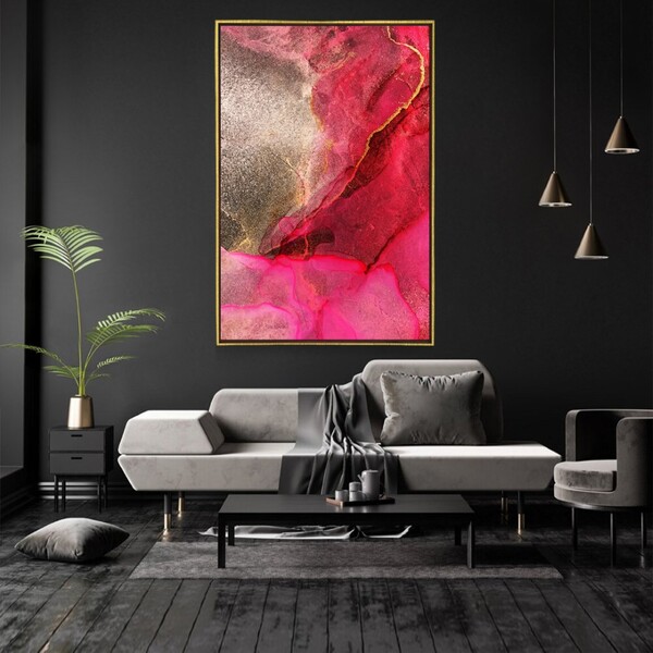Quadro Decorativo Vertical Moderno Pink E Dourado Com Moldura
