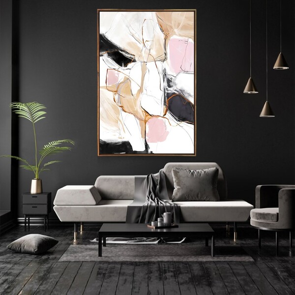 Quadro Decorativo Vertical Rosa E Nude Com Moldura E Sem Vidr