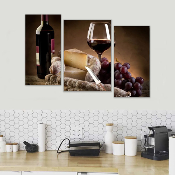 Quadro Decorativo Vinho Queijo E Salame 3 Peças   Sala