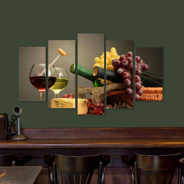 Quadro Decorativo Vinho Queijo E Uva 5 Peças Para Sala