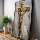 Quadro Decorativo Vinil Com Vidro Cruz Jesus Gold 100x70 Colo