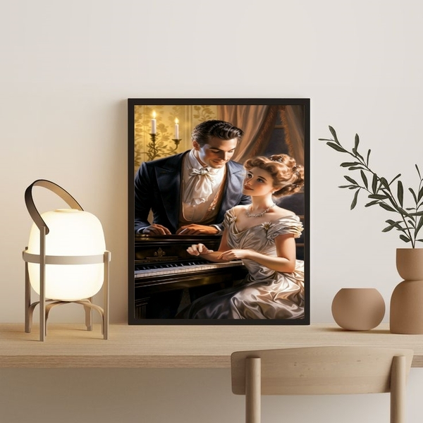 Quadro Decorativo Vintage Casal Com Piano 33x24cm Moldura:mad