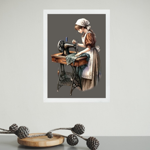 Quadro Decorativo Vintage Costureira Trabalhando 45x34cm - Co