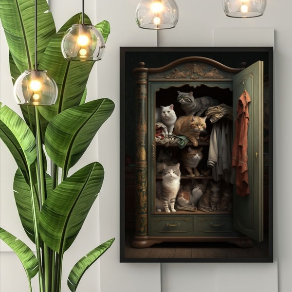 Quadro Decorativo Vintage Gatos No Armário 24x18cm - Com Vidr