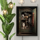 Quadro Decorativo Vintage Gatos No Armário 45x34cm - Com Vidr