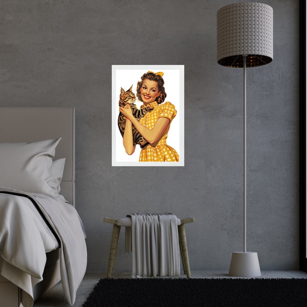 Quadro Decorativo Vintage Pin Up Com Gato 24x18cm - Com Vidro