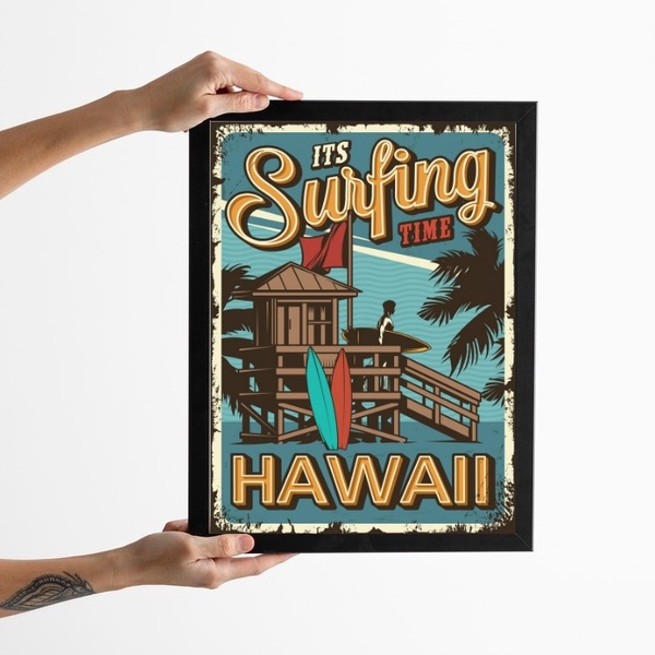 Quadro Decorativo Vintage Surf Hawaii 24x18cm Moldura Preta