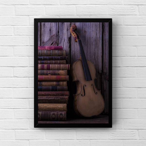 Quadro Decorativo Violino Com Livros 45x34cm Moldura:madeira