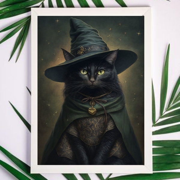 Quadro Decorativo Witchy Black cat 24x18cm - Com Vidro Moldur