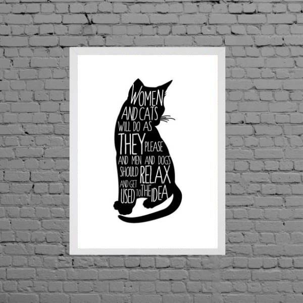 Quadro Decorativo Woman And Cats 33x24cm - Com Vidro Moldura: