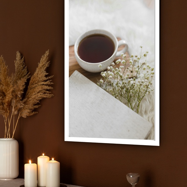 Quadro Decorativo Xícara Café Raminho  - 70x50cm Moldura Bran