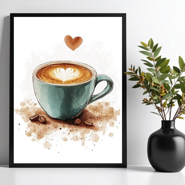 Quadro Decorativo Xícara De Café Aquarela Coração 24x18cm - C