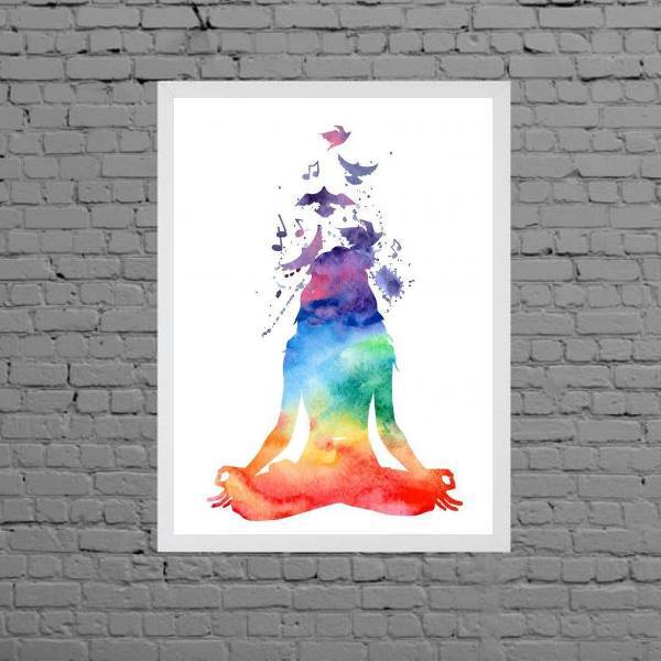 Quadro Decorativo Yoga Aquarela 45x34cm - Com Vidro Moldura:m