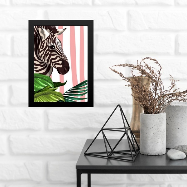 Quadro Decorativo Zebra Com Listra Rosa 45x34cm Moldura Branca