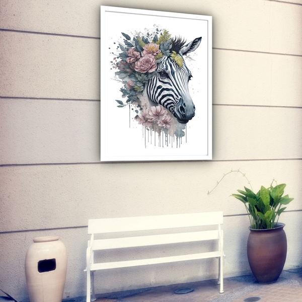 Quadro Decorativo Zebra Coroa De Flores  - 70x50cm Moldura Pr