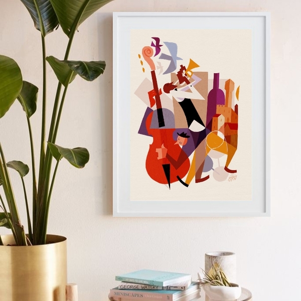 Quadro Decrativo Banda Jazz 60x48cm Moldura:madeira Preta