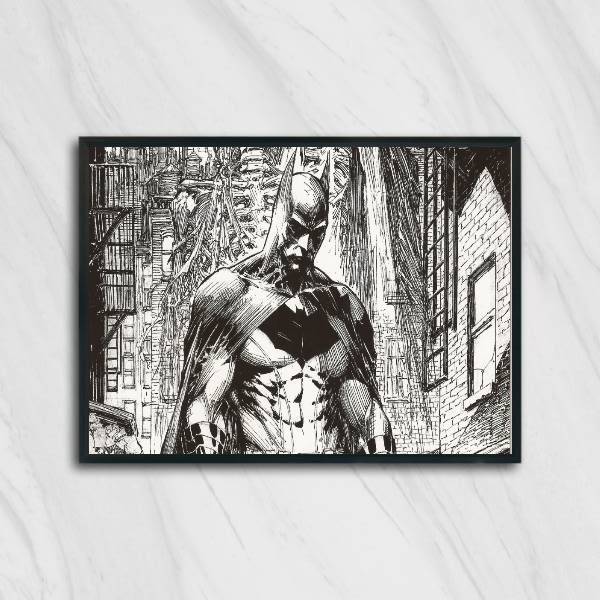 Quadro Desenho Batman Preto E Branco 24x18cm Moldura:madeira