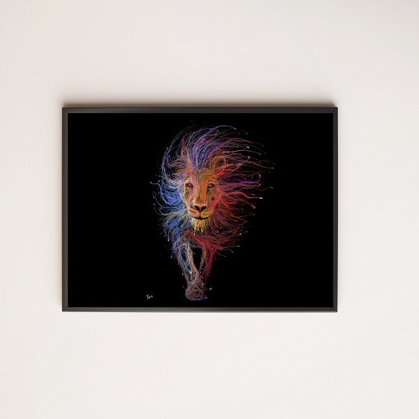 Quadro Desenho Leão Andando 33x24cm - Com Vidro Moldura:madei