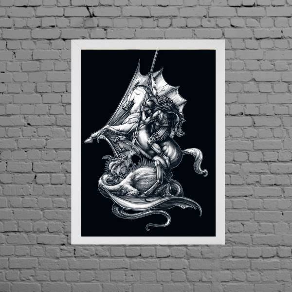 Quadro Desenho São Jorge Preto E Branco 24x18cm Moldura:madei