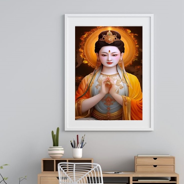 Quadro Deusa Chinesa Kuan Yin - 60x48cm Moldura:madeira Branca