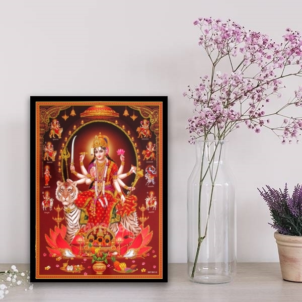 Quadro Deusa Hindu Durga 33x24cm - Com Vidro Moldura:madeira