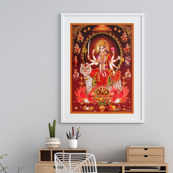 Quadro Deusa Hindu Durga - 60x48cm Moldura:madeira Branca