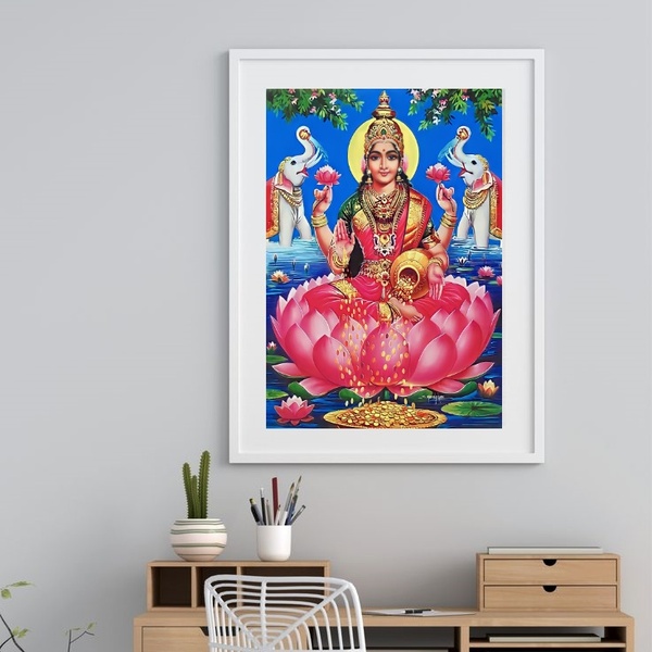 Quadro Deusa Hindu Lakshmi - 60x48cm Moldura:madeira Branca