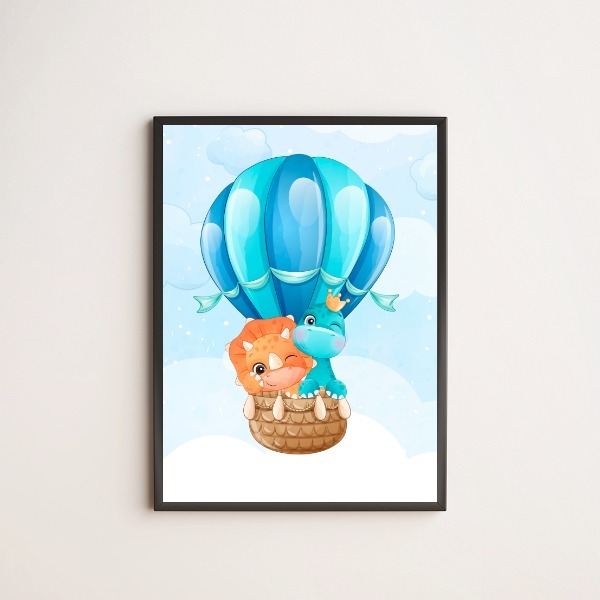 Quadro Dinossaurinhos No Balão 24x18cm Moldura:madeira Branca