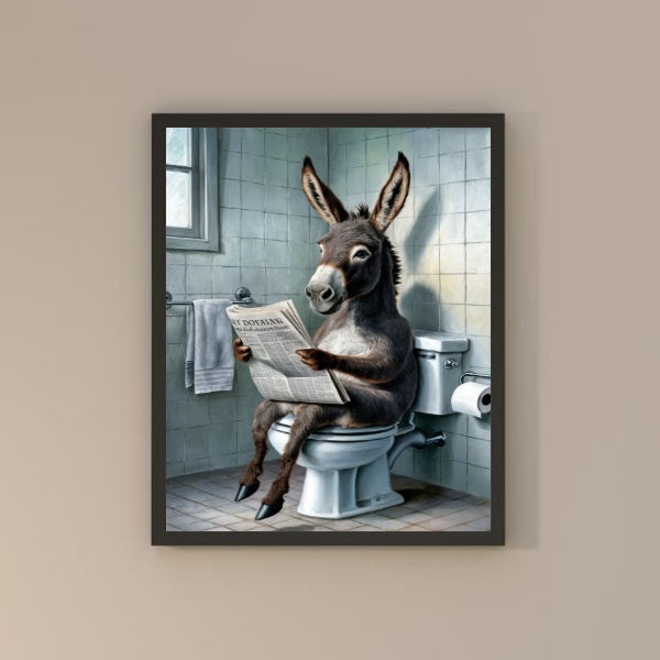 Quadro Divertido Banheiro Burro Lendo Jornal 45x34cm Moldura
