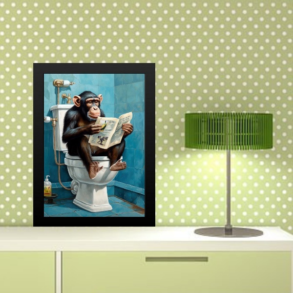 Quadro Divertido Banheiro Chipanzé Com Jornal 45x34cm - Com V