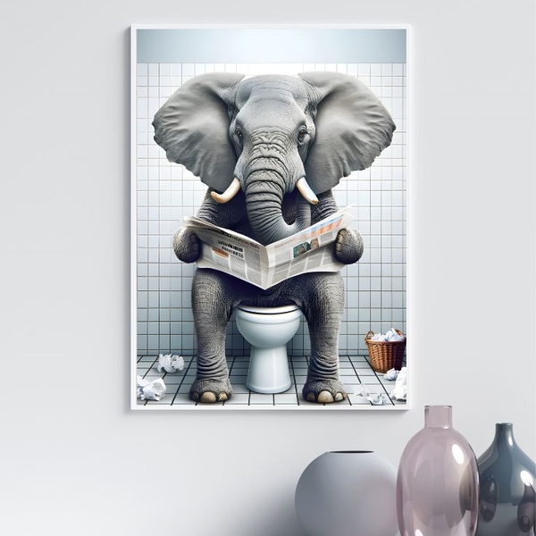 Quadro Divertido Banheiro - Elefante 45x34cm - Com Vidro Mold