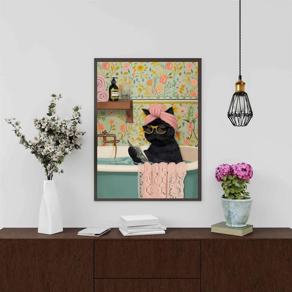 Quadro Divertido Banheiro - Gatinha 45x34cm - Com Vidro Moldu