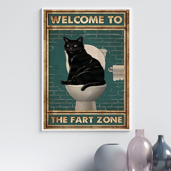 Quadro Divertido Banheiro Gato - Fart Zone 33x24cm - Com Vidr